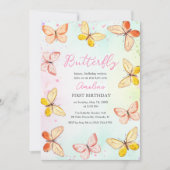 蝶のテーマの女の子の1歳の誕生日 水彩ピンク 招待状 (正面)