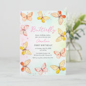 蝶のテーマの女の子の1歳の誕生日 水彩ピンク 招待状 (スタンド正面)