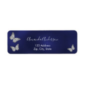 蝶のネイビーブルーシルバー返送先ラベル ラベル (正面)