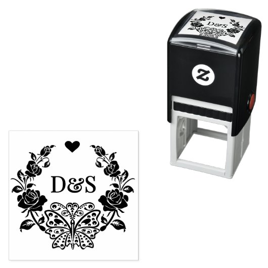 蝶のバラから2イニシャルカップルのモノグラム#92 セルフインキングスタンプ (インサイチュ)