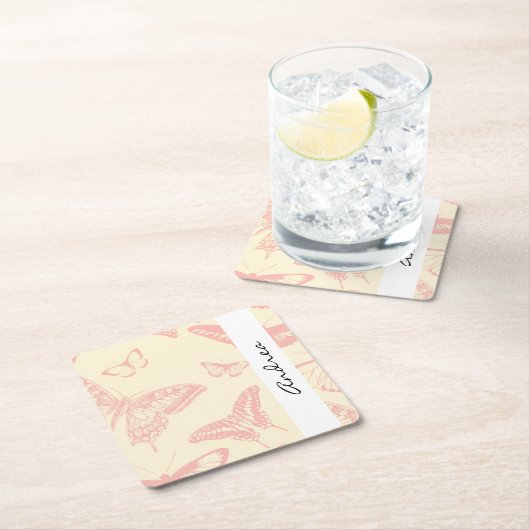 蝶のパターン、ピンクの蝶、あなたの名前 スクエアペーパーコースター (インサイチュ)