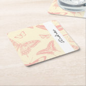 蝶のパターン、ピンクの蝶、あなたの名前 スクエアペーパーコースター (アングル)