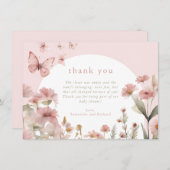 蝶のピンクのフローラ野花 サンキューカード (正面/裏面)