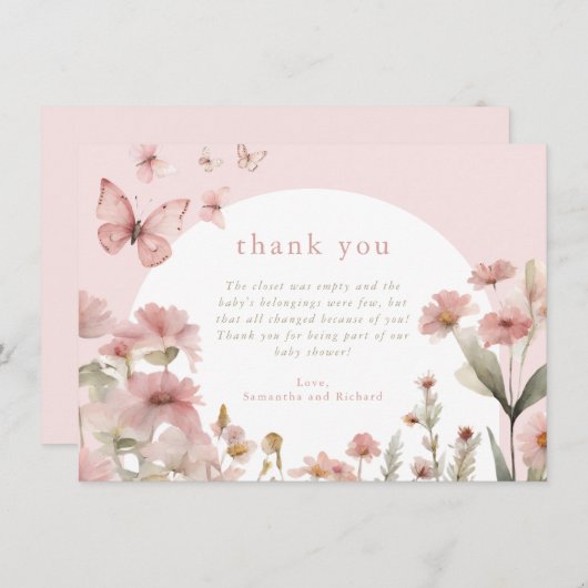蝶のピンクのフローラ野花 サンキューカード (正面/裏面)