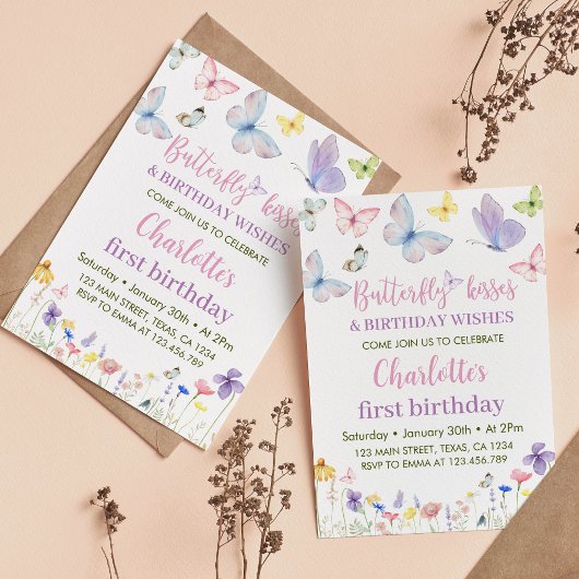 蝶のファーストバースデー招待状 ワイルドフラワー 招待状