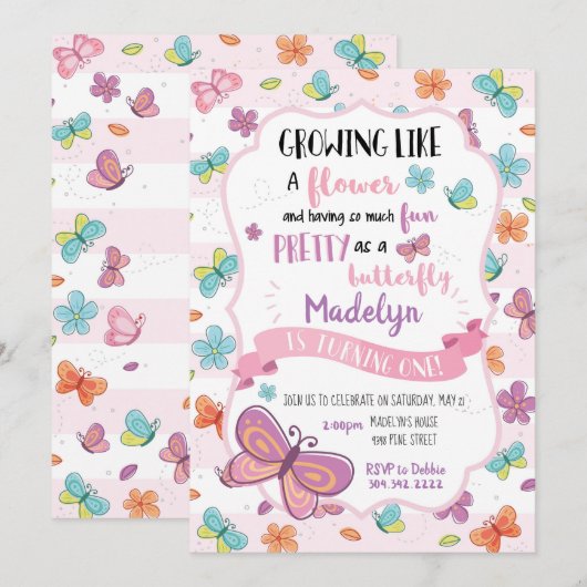 蝶のファーストバースデー招待状 招待状 (正面/裏面)