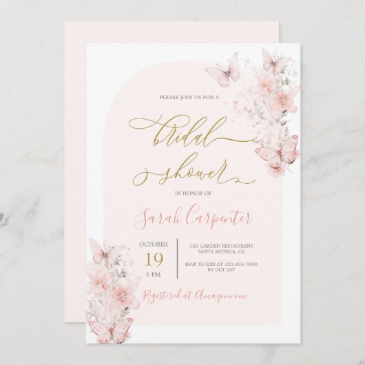 蝶のブライダルシャワーへの招待 招待状 (正面/裏面)