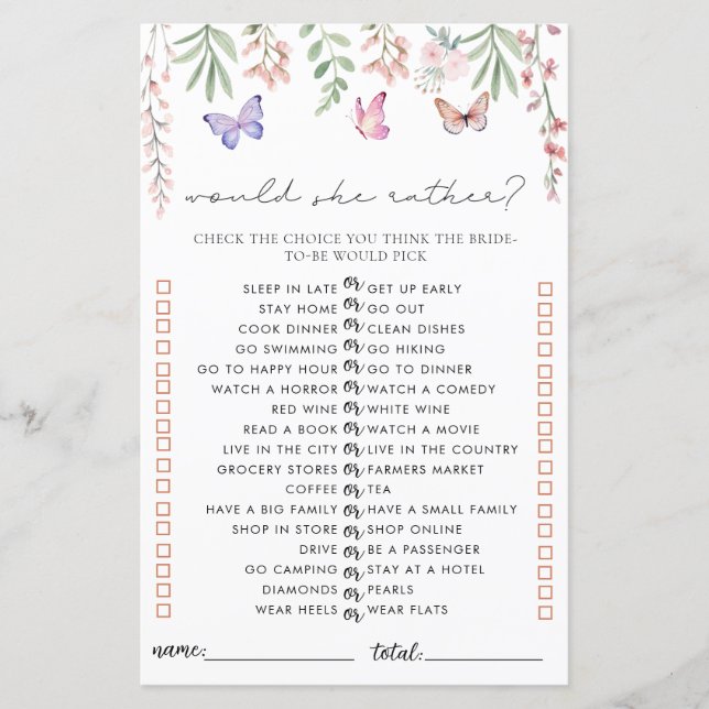 蝶のブライダルシャワーゲーム彼女はむしろ (正面)