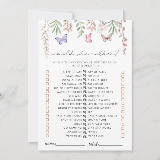 蝶のブライダルシャワーゲーム彼女はむしろ 招待状 (正面)