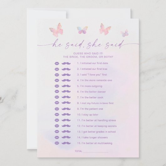 蝶のブライダルシャワー彼は彼女はゲームカードを言った 招待状 (正面)