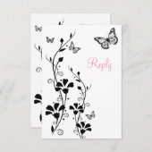 蝶のブラック＆ホワイトの花柄返信カード 招待状 (正面/裏面)