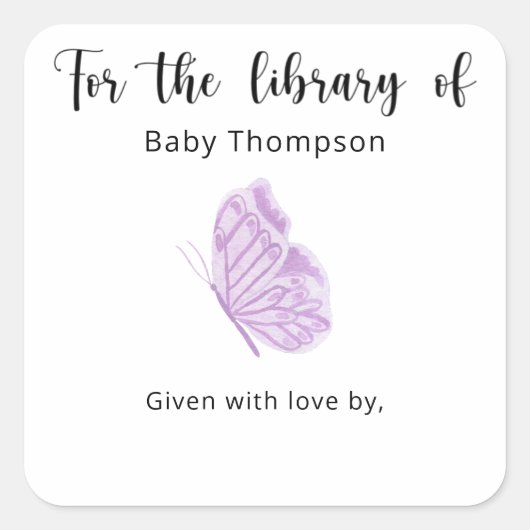 蝶のベイビーシャワーブックプレート、赤ちゃんのための本 スクエアシール (正面)