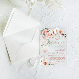 蝶のベビーの開花ピンクのフローラ赤ちゃんシャワー アクリル招待状