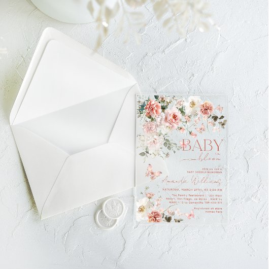 蝶のベビーの開花ピンクのフローラ赤ちゃんシャワー アクリル招待状