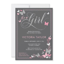 蝶のベビーシャワー招待状（ピンク、グレー）