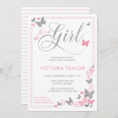 蝶のベビーシャワー招待状（ピンク、シルバー） 招待状 (正面/裏面)