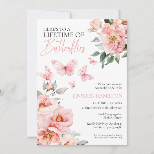 蝶のライフタイムピンク赤面ブライダルシャワー 招待状 (正面)