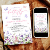 蝶のワイルドフラワーピンクと紫の赤ちゃんシャワー 招待状