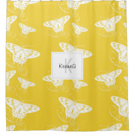 蝶の名前と黄色のパターンに白 シャワーカーテン