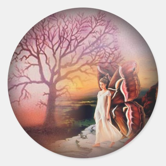 蝶の夢が黒い丸いステッカーに消え ラウンドシール (正面)