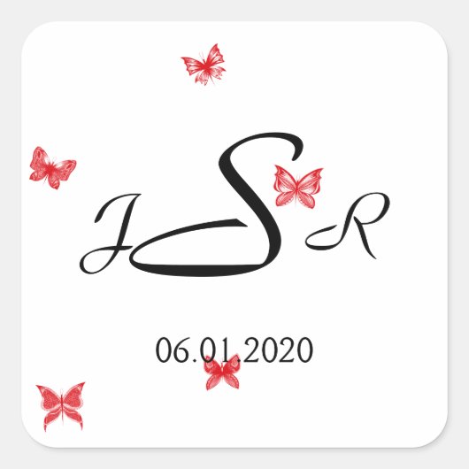 蝶の夢：赤モノグラムのステッカー スクエアシール (正面)