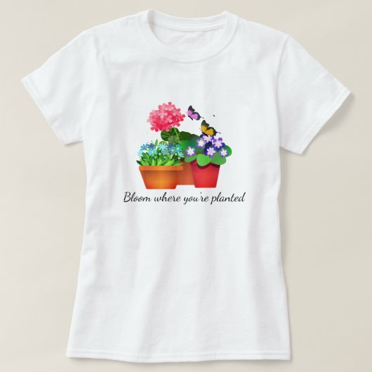 蝶の女性のTシャツ付き花園 Tシャツ (デザイン正面)