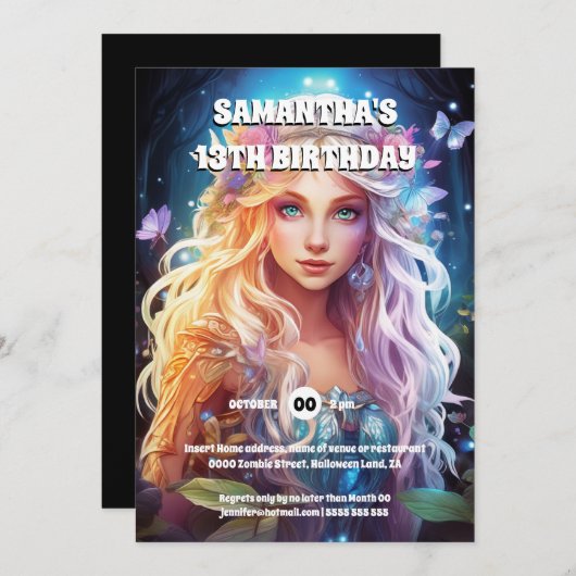 蝶の妖精のプリンセスブロンド髪の女の子のファンタジー 招待状 (正面/裏面)