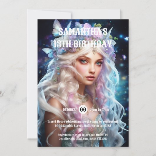 蝶の妖精のプリンセスブロンド髪の女の子のファンタジー 招待状 (正面)