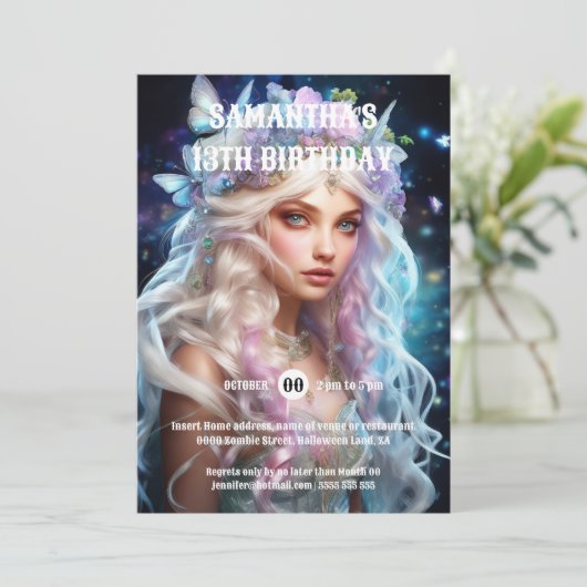 蝶の妖精のプリンセスブロンド髪の女の子のファンタジー 招待状 (スタンド正面)
