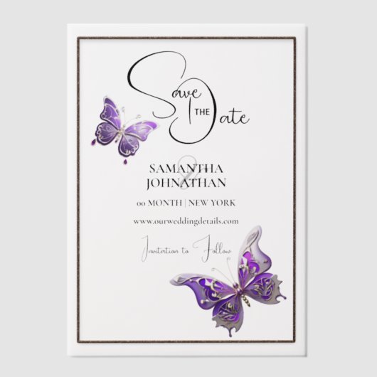 蝶の宝石の紫色の銀の日付を保存 ベラム紙招待状 (正面)