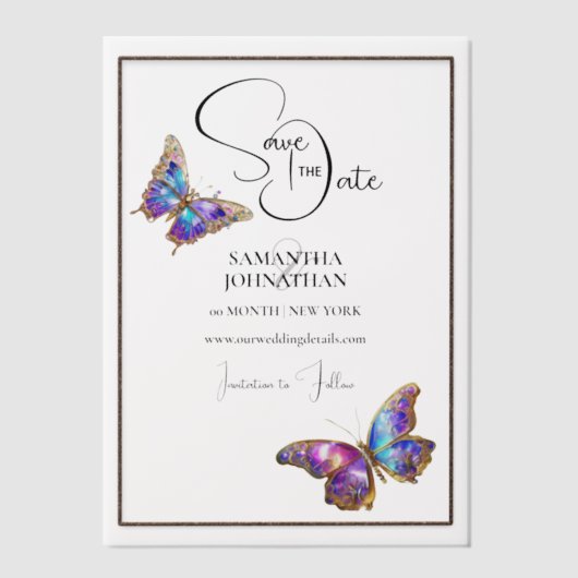 蝶の宝石の紫色の青色の日付を保存 ベラム紙招待状 (正面)