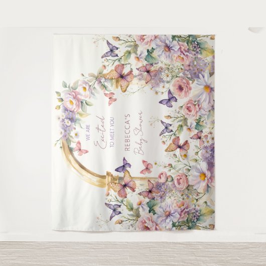 蝶の庭の赤ちゃんシャワー写真の背景 タペストリー (正面)