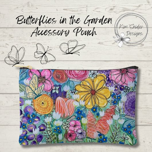 蝶の庭、明るい花模様 アクセサリーポーチ