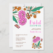 蝶の恋人 ピンクの花のスクリプト ウェディング 招待状 (正面)