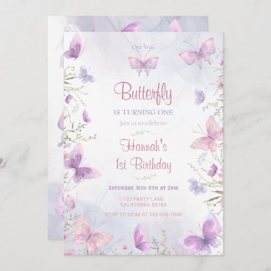 蝶の招待 蝶の誕生日招待 招待状 (正面/裏面)