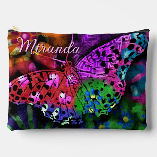 蝶の昆虫抽象芸術紫グリーンピンクオレンジ アクセサリーポーチ (正面)