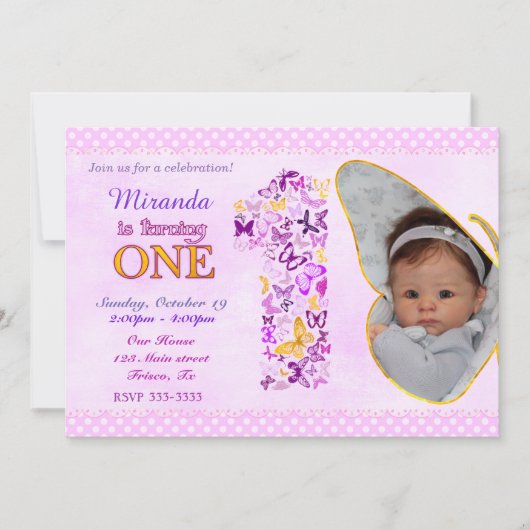 蝶の最初の誕生日パーティーの招待 招待状 (正面)