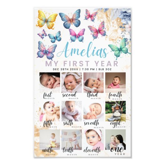 蝶の最初の誕生日フォトポスター フォトプリント (正面)