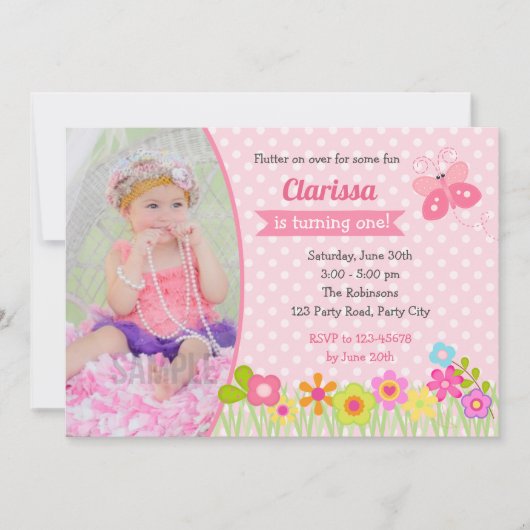 蝶の最初の誕生日招待状と写真 招待状 (正面)