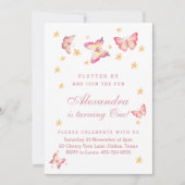 蝶の最初の誕生日、ピンクベビーガールパーティー 招待状 (正面)