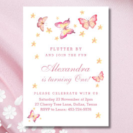 蝶の最初の誕生日、ピンクベビーガールパーティー 招待状