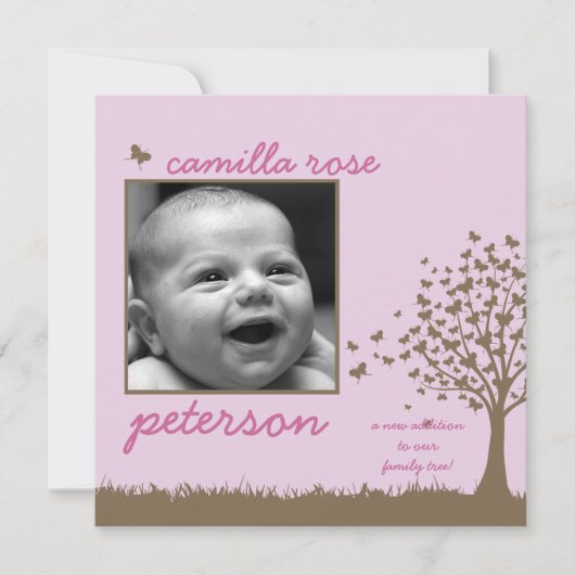 蝶の木の女の子の誕生の発表 案内状 (正面)