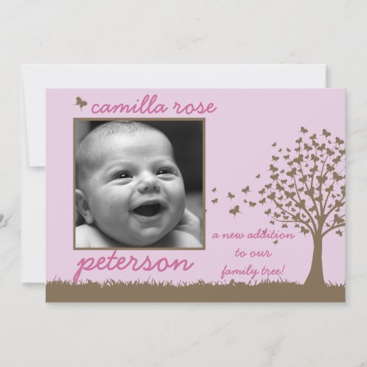 蝶の木の女の子の誕生の発表 案内状 (正面)