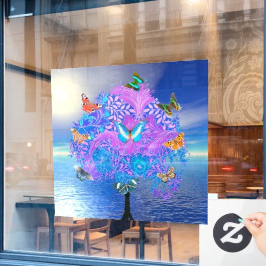 蝶の木の窓が引っかかる ウィンドウサイン (カフェ窓)