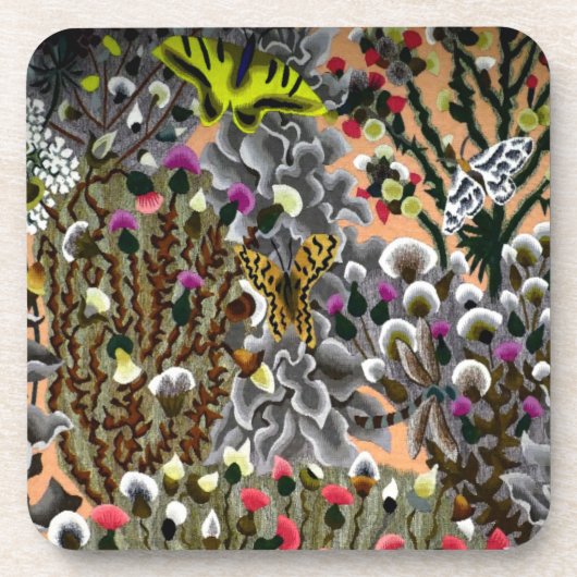 蝶の柳のヴィンテージガーデンイラストレーション コースター (正面)