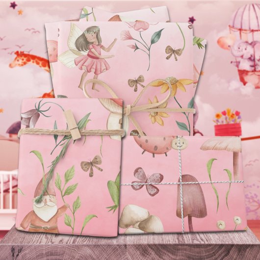 蝶の格言と翼のある妖精ガーデンピンク ラッピングペーパーシート