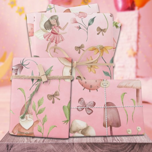 蝶の格言と翼のある妖精ガーデンピンク ラッピングペーパーシート