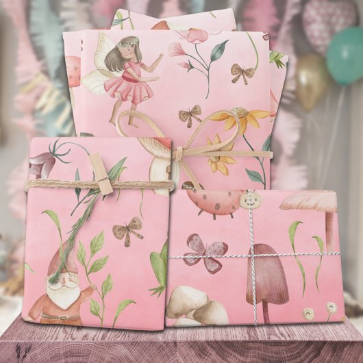 蝶の格言と翼のある妖精ガーデンピンク ラッピングペーパーシート