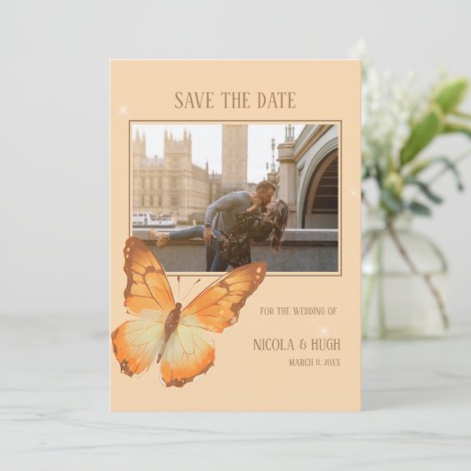 蝶の水の色結婚の写真日付を保存 招待状 (スタンド正面)
