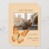 蝶の水の色結婚の写真日付を保存 招待状 (正面/裏面)